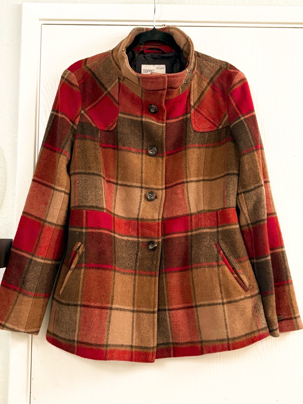 Vintage Esprit Red and Brown Plaid Wool Pea Coat Size 8